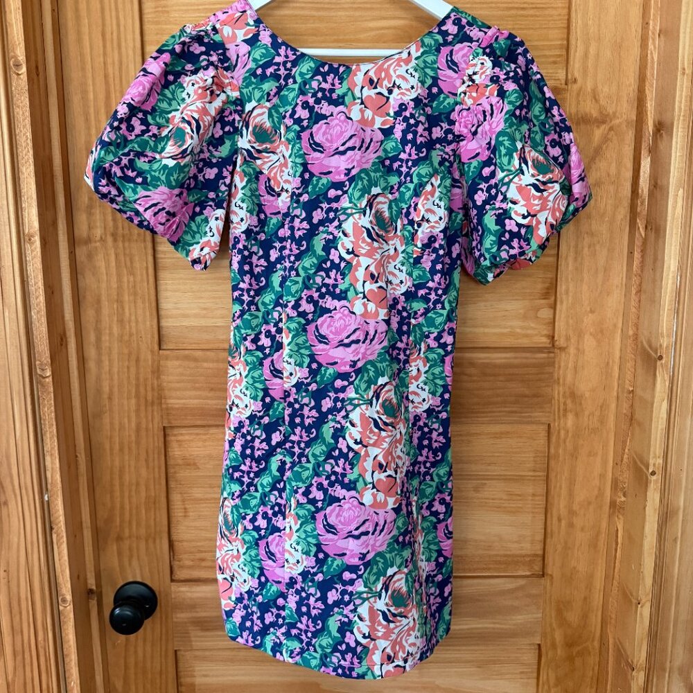 Melloday Colorful Floral Puff Sleeve Shift Dress with Pockets Women's size S